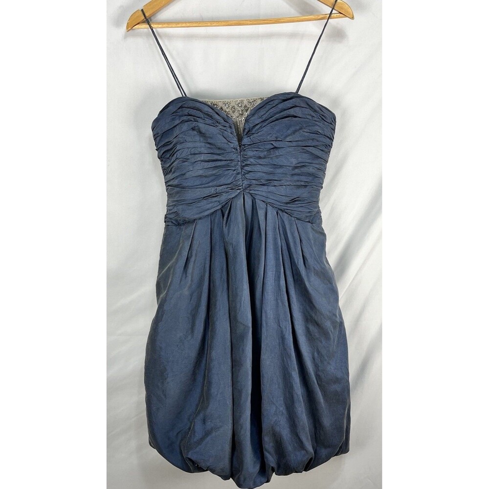 Badgley Mischka Peach Skin Silk Spaghetti Strap Blue Bubble Hem Dress Sz 6 - Picture 14 of 16